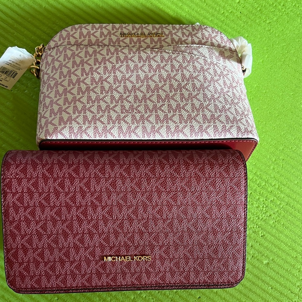 Michael Kors Pink and Burgundy Crossbody Bag Set price for Each